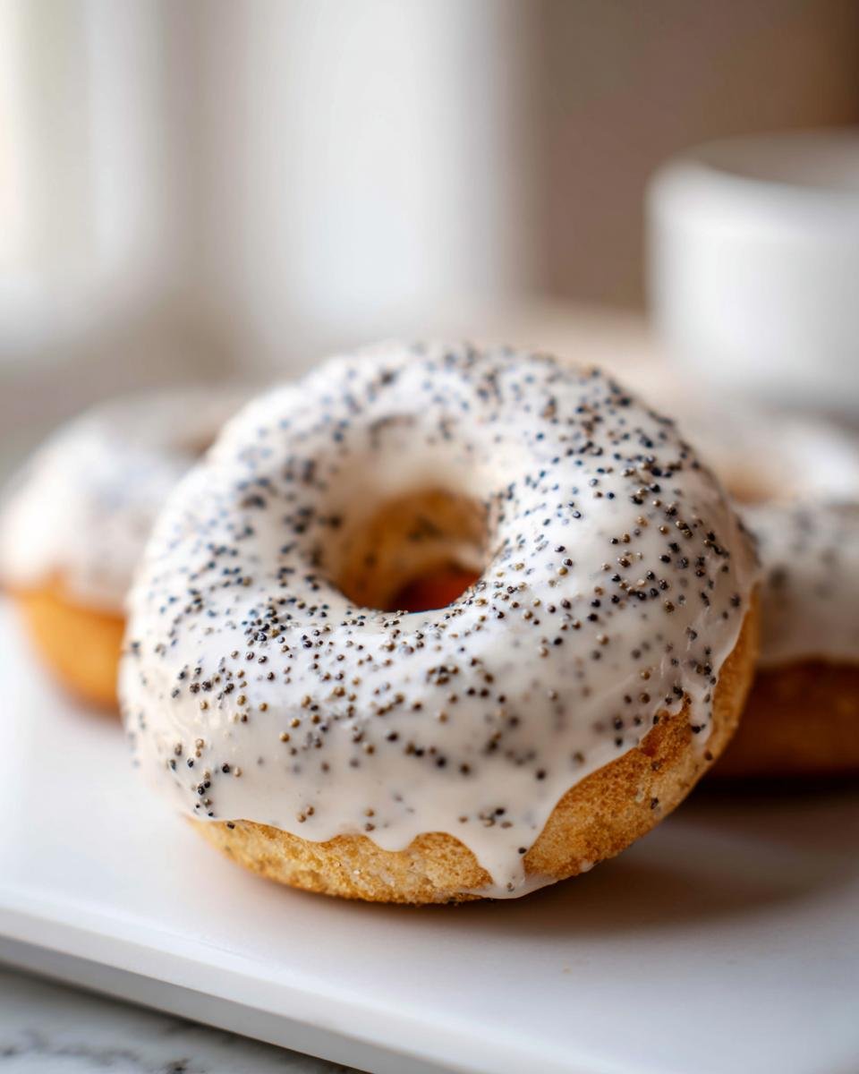 Nahaufnahme eines Vegan Lemon Poppyseed Donuts mit dicker wei&szlig;er Zitronenglasur und Mohnsamen.