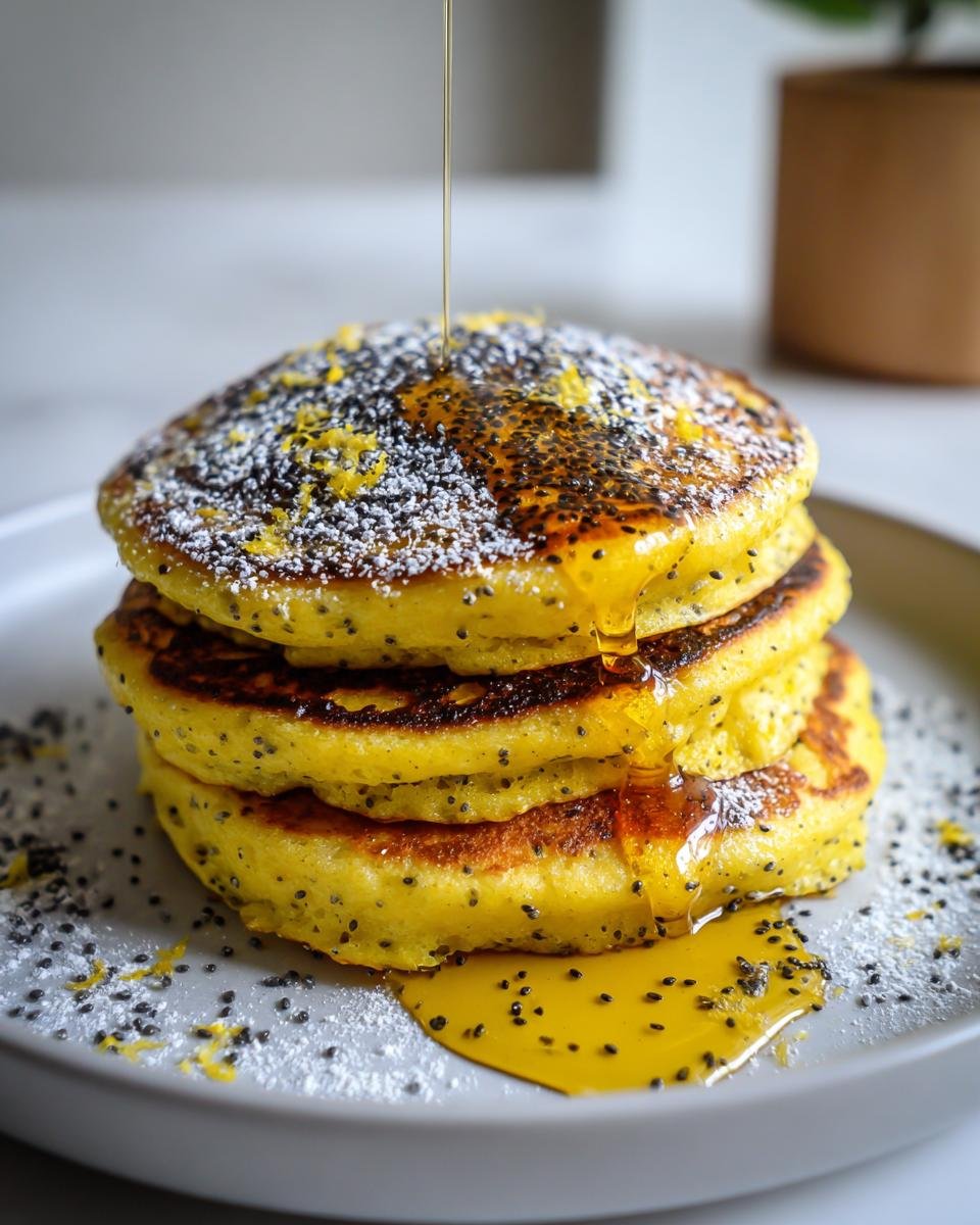 Stapel von saftigen Vegan Lemon Poppyseed Pancakes, betr&auml;ufelt mit Sirup, Puderzucker und Zitronenabrieb.
