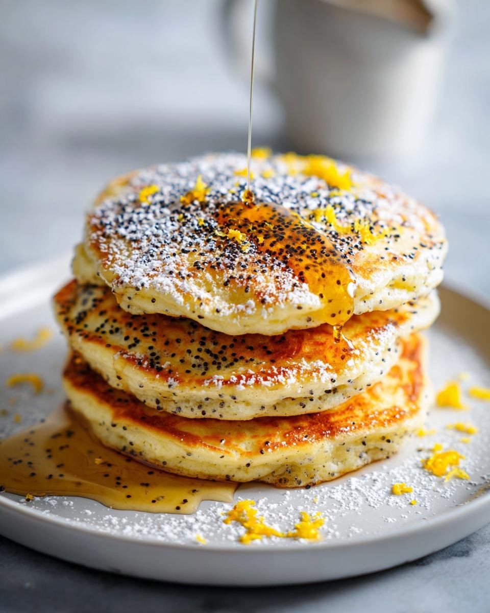 Stapel von fluffigen Vegan Lemon Poppyseed Pancakes, betr&auml;ufelt mit Sirup, Puderzucker und Zitronenschale.