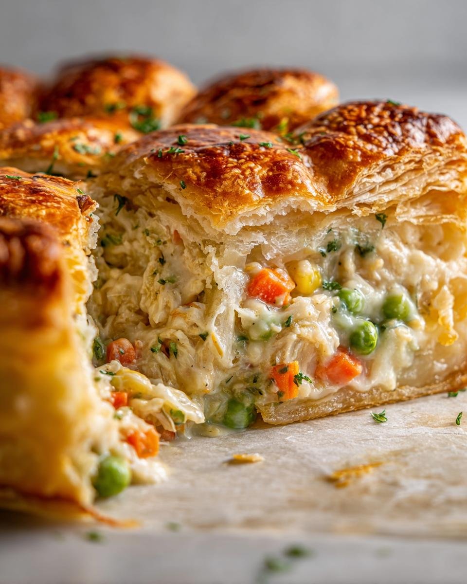 Nahaufnahme eines aufgeschnittenen Vegan Pot Pie mit goldbraunem Bl&auml;tterteig und cremiger F&uuml;llung aus Gem&uuml;se.