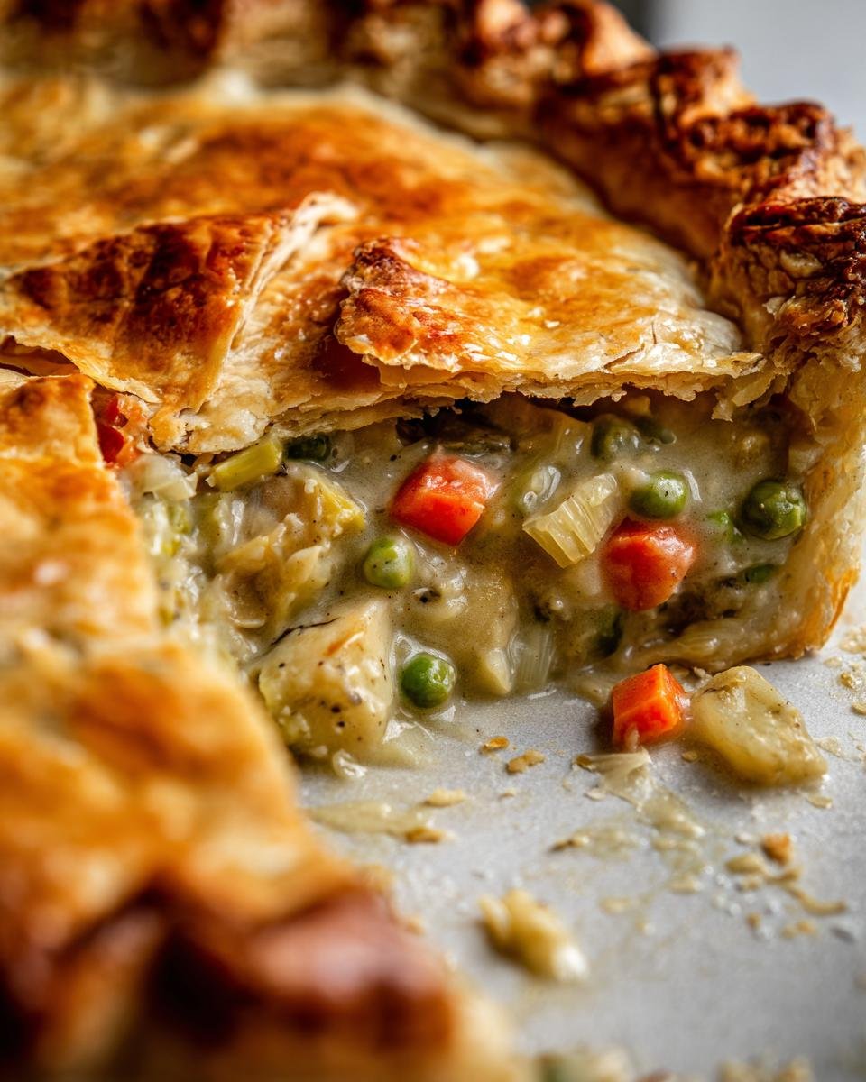 Nahaufnahme eines aufgeschnittenen Vegan Pot Pie mit cremiger F&uuml;llung aus Karotten, Erbsen und Sellerie unter Bl&auml;tterteig.