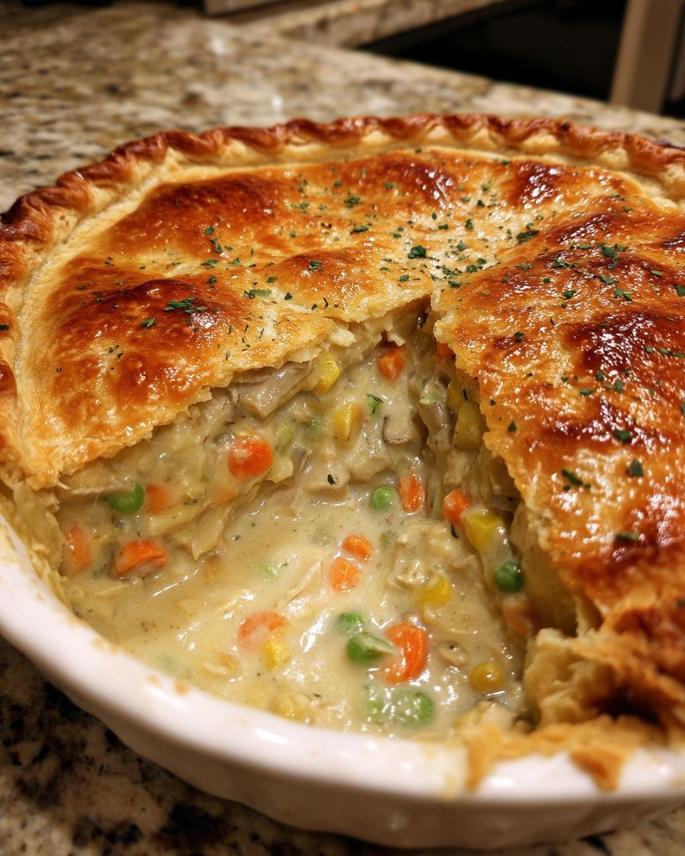 Aufgeschnittener Vegan Pot Pie mit cremiger F&uuml;llung aus Gem&uuml;se und goldbrauner Bl&auml;tterteigkruste.