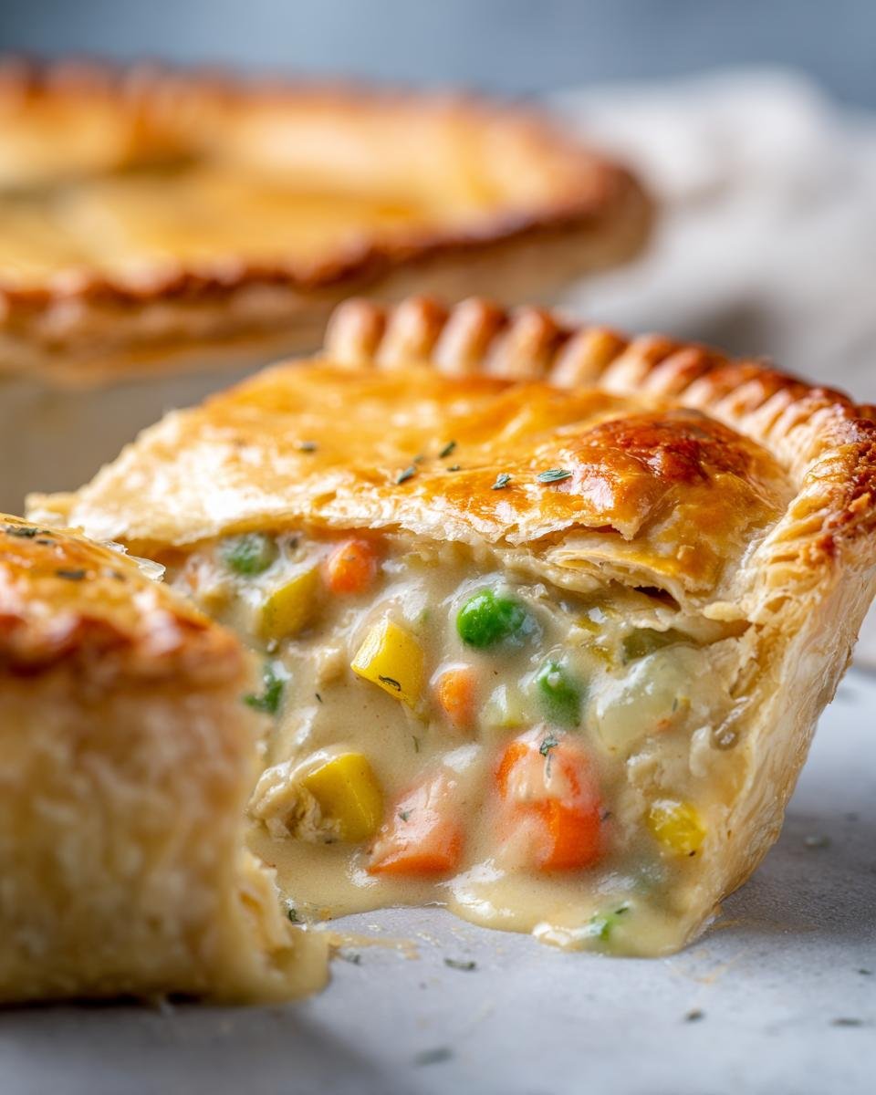 Nahaufnahme eines aufgeschnittenen Vegan Pot Pie mit goldbrauner Bl&auml;tterteigh&uuml;lle und cremiger Gem&uuml;sef&uuml;llung.