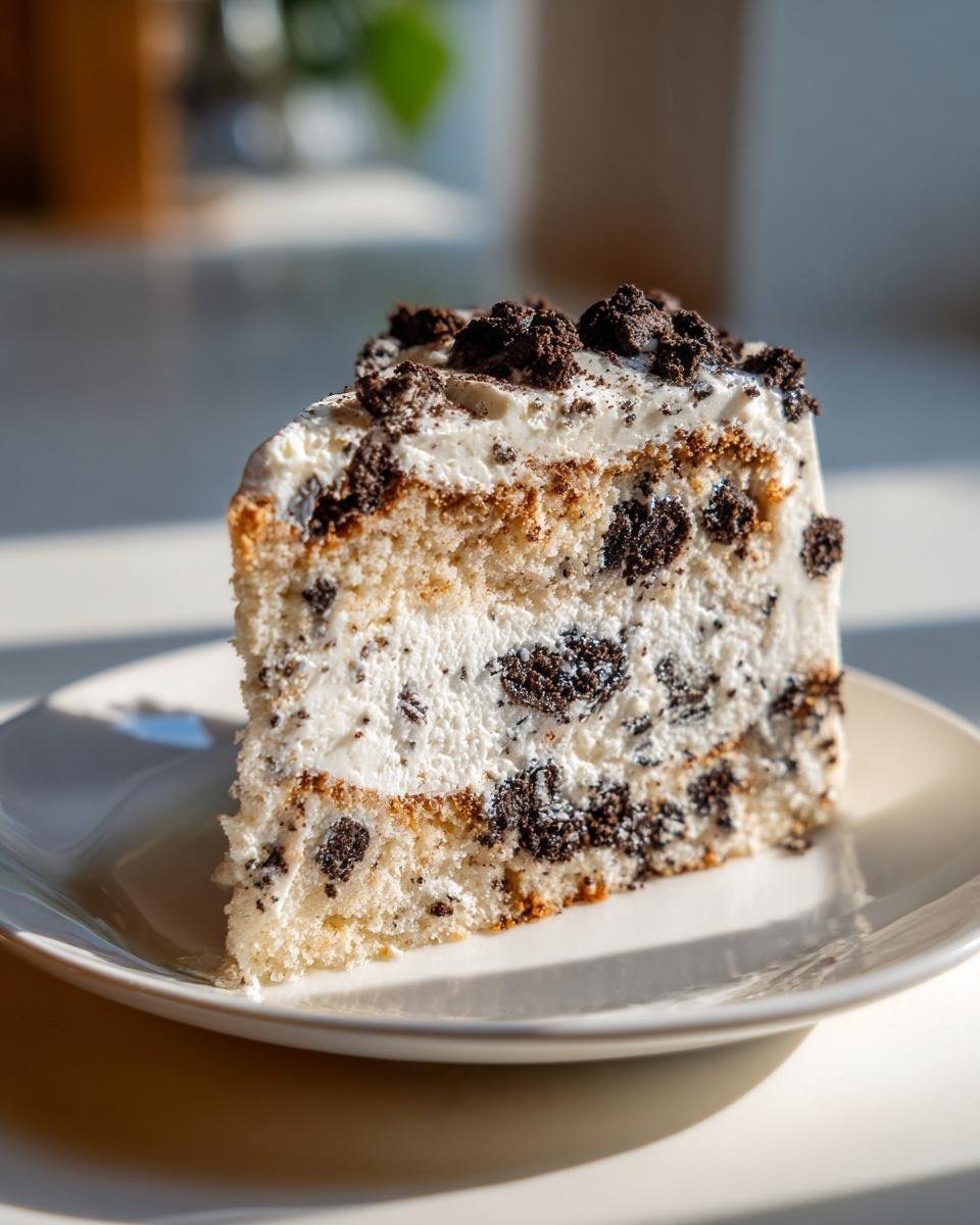 Nahaufnahme eines gro&szlig;en St&uuml;cks Vegan Vanilla Oreo Cake mit Vanillecreme und dunklen Keksst&uuml;cken.