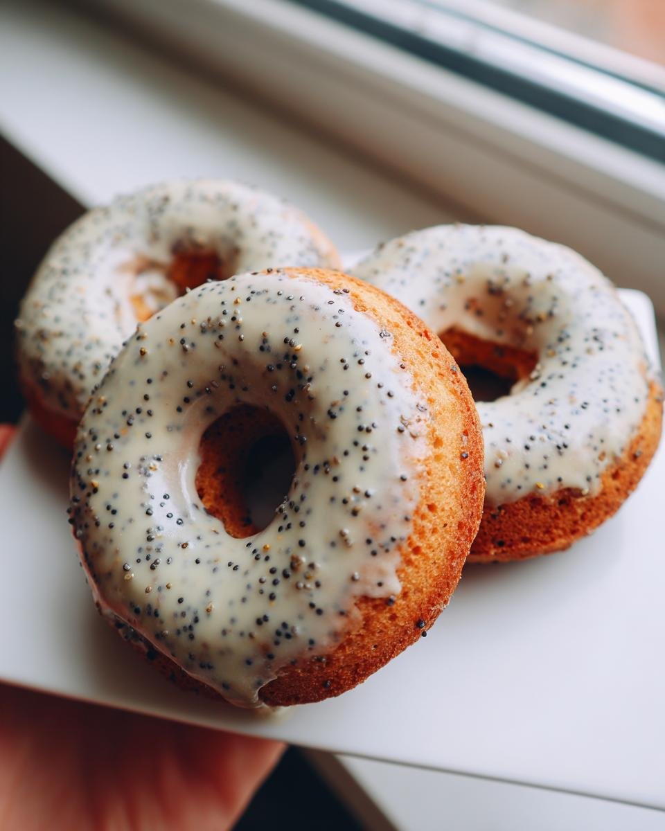 Drei gebackene Vegan Lemon Poppyseed Donuts mit Zitronenglasur und Mohnsamen.