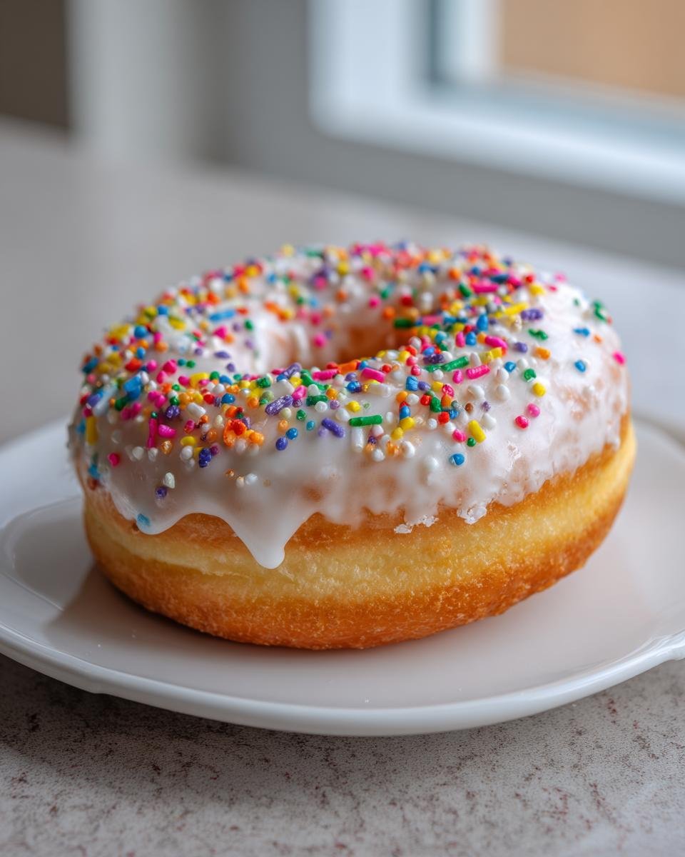Ein einzelner, fluffiger Veganer Vanilla Donut mit wei&szlig;er Glasur und bunten Streuseln auf einem wei&szlig;en Teller.