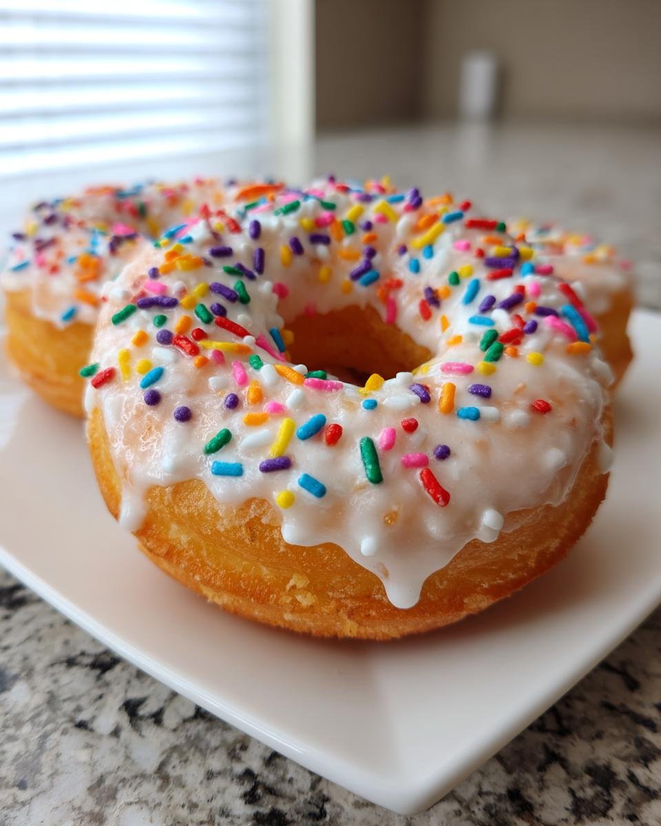 Nahaufnahme von veganen Vanille Donuts mit wei&szlig;er Glasur und bunten Streuseln auf einem wei&szlig;en Teller.