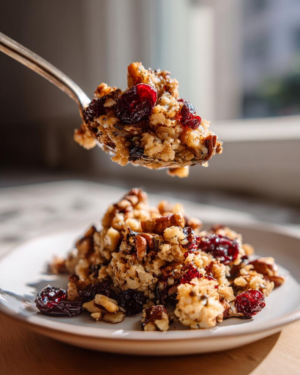 Ein Löffel mit köstlicher Veganer Wildreis-Füllung, reich an Nüssen und getrockneten Cranberrys, wird über einen Teller mit mehr Füllung gehalten.