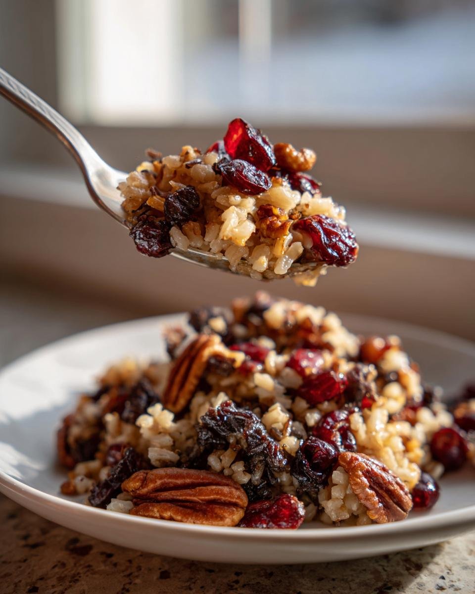 Ein Löffel mit Veganer Wildreis-Füllung, beladen mit Reis, Pekannüssen und getrockneten Cranberrys, über einem Teller.
