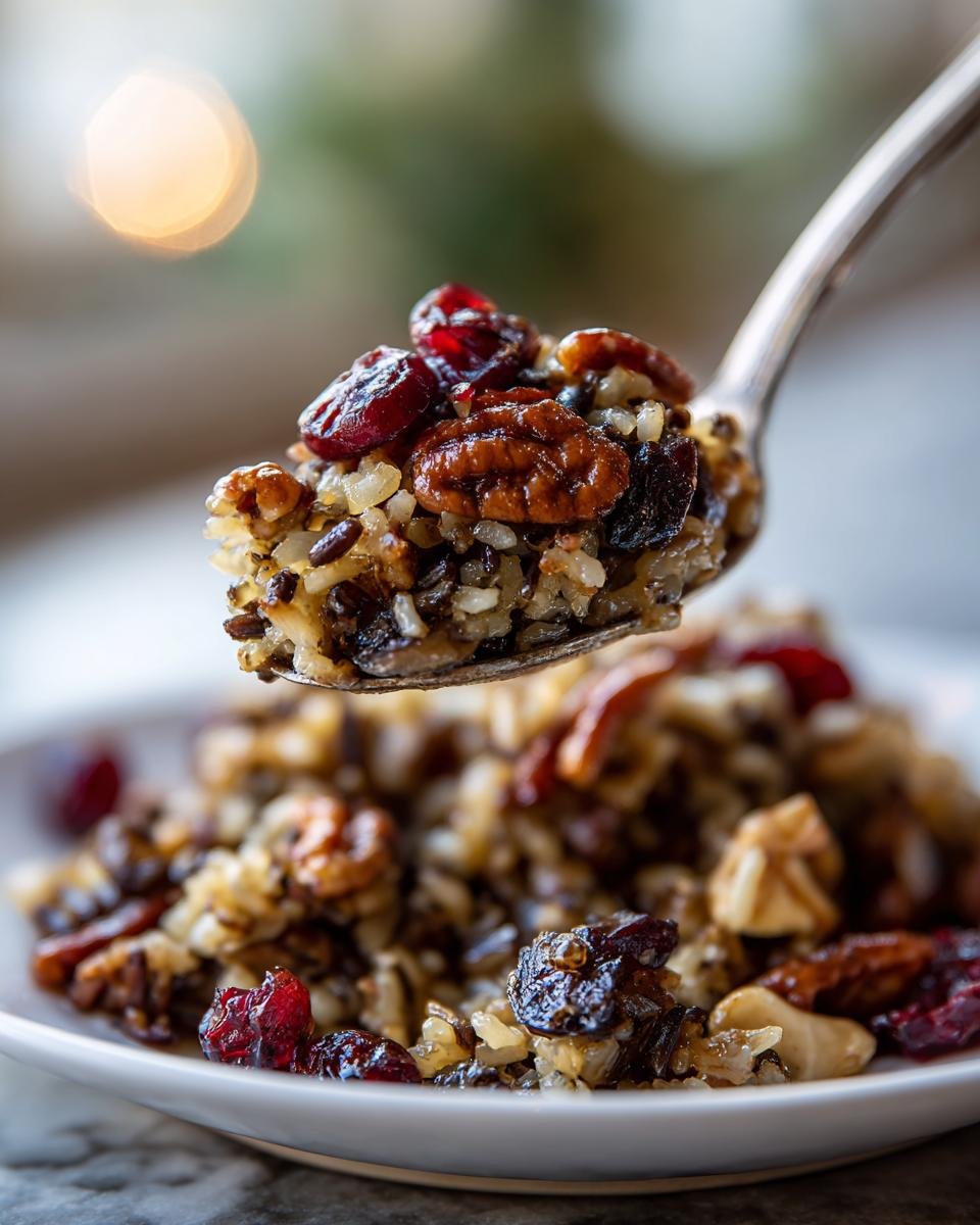 Nahaufnahme einer Gabel mit Vegane Wildreis-Füllung, belegt mit Pekannüssen und getrockneten Cranberrys.