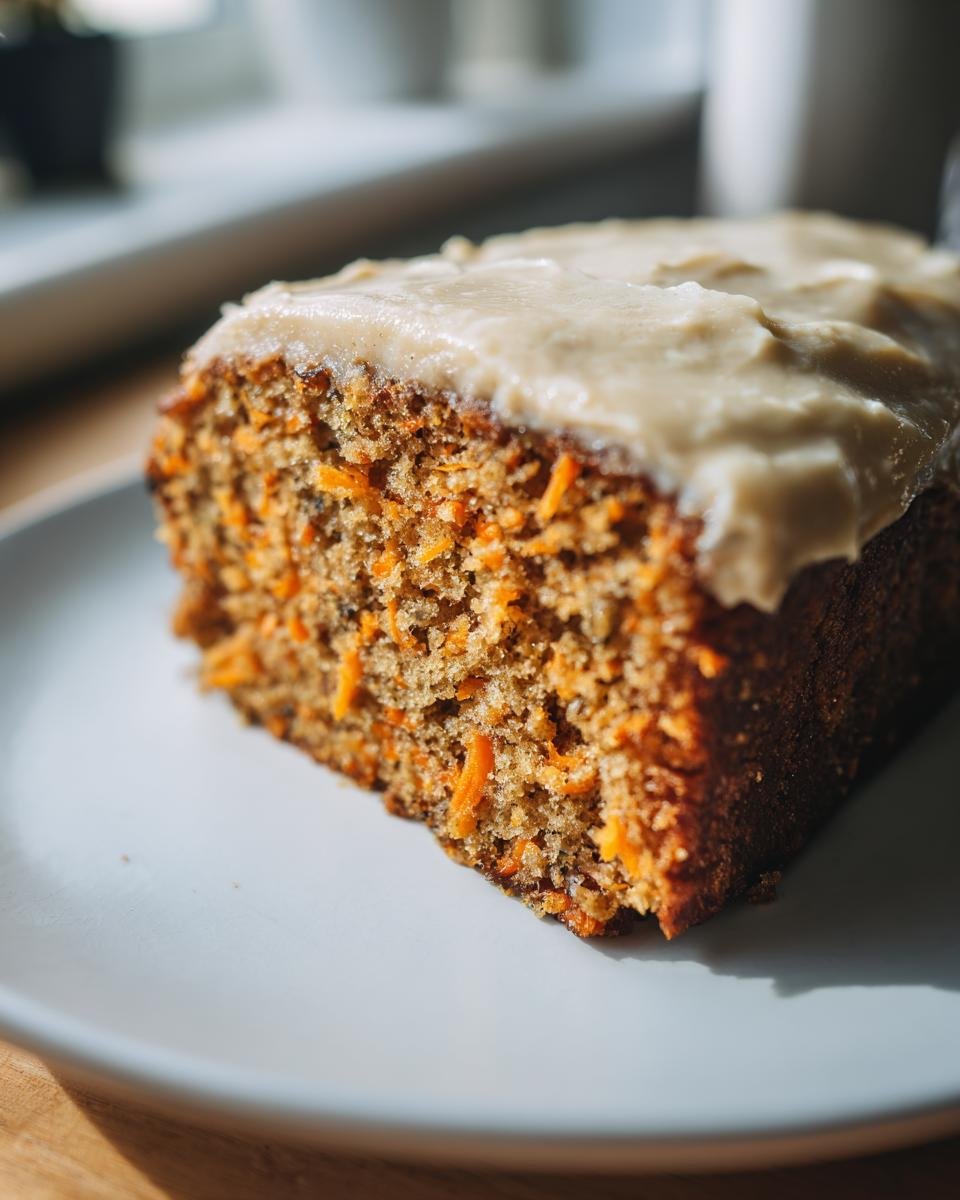 Nahaufnahme eines St&uuml;cks Veganer Karottenkuchen Mit Chai Cream Cheese Frosting auf einem hellblauen Teller.