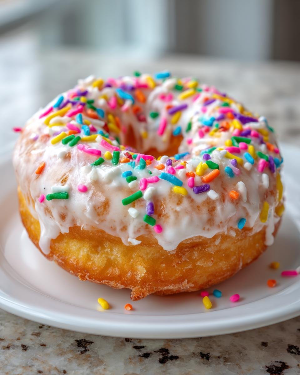 Ein einzelner, goldbraun gebackener Veganer Vanilla Donut mit wei&szlig;er Glasur und bunten Streuseln auf einem wei&szlig;en Teller.