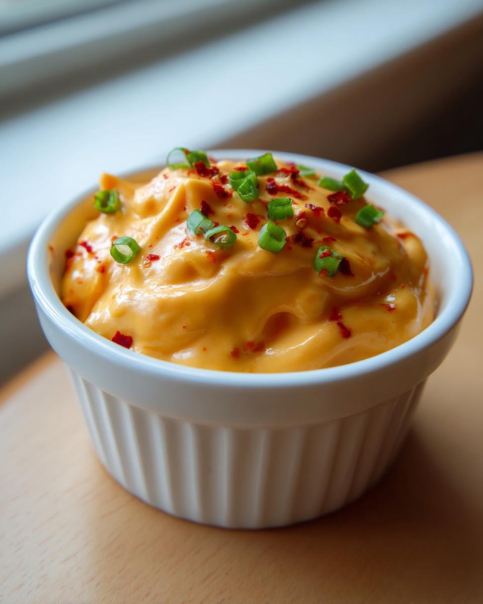 Nahaufnahme eines cremigen, orangefarbenen Velveeta Recipes Dip in einer wei&szlig;en Schale, garniert mit Schnittlauch und Chiliflocken.