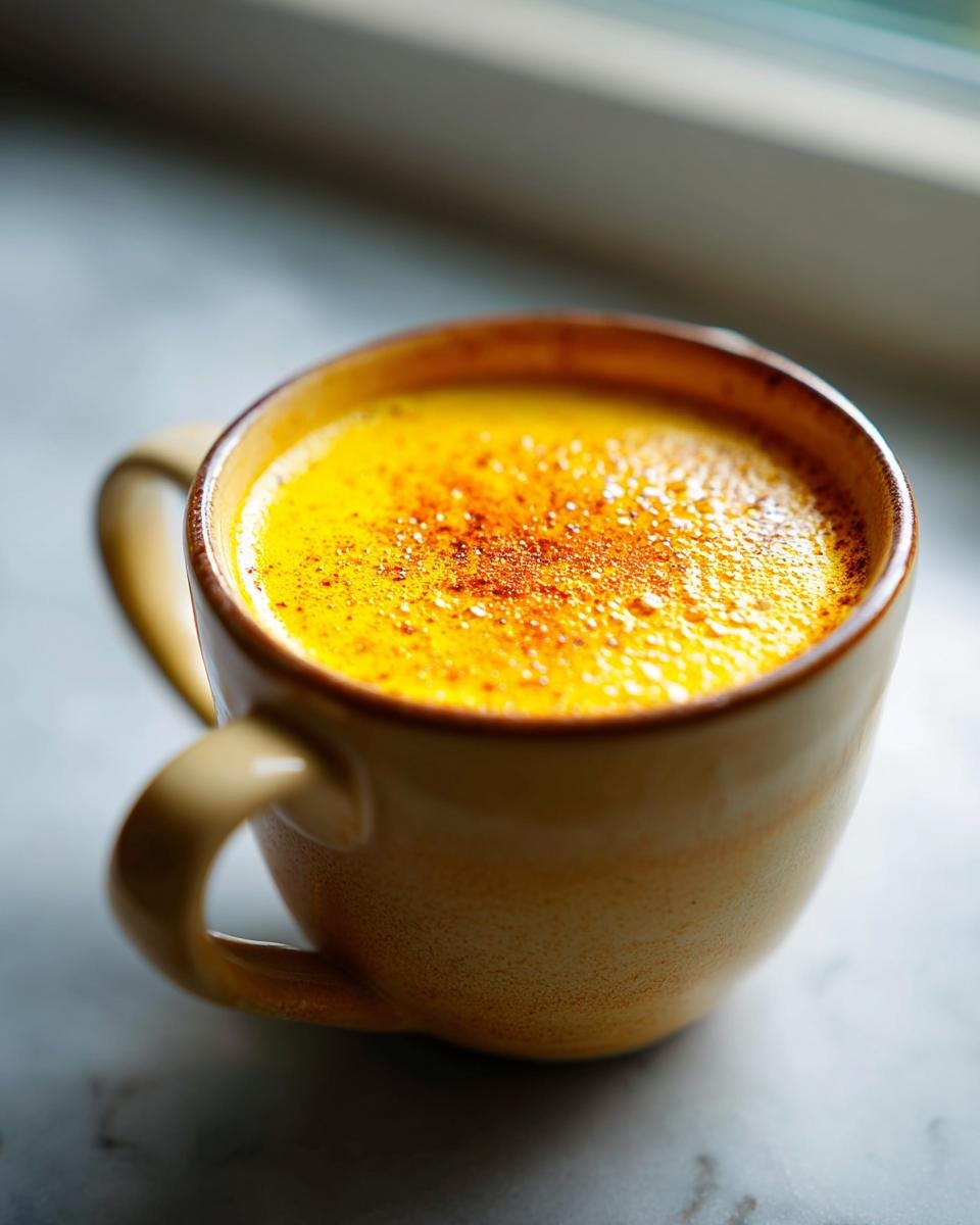 Nahaufnahme eines warmen Golden Milk Latte mit Zimt bestreut in einer rustikalen gelben Tasse.