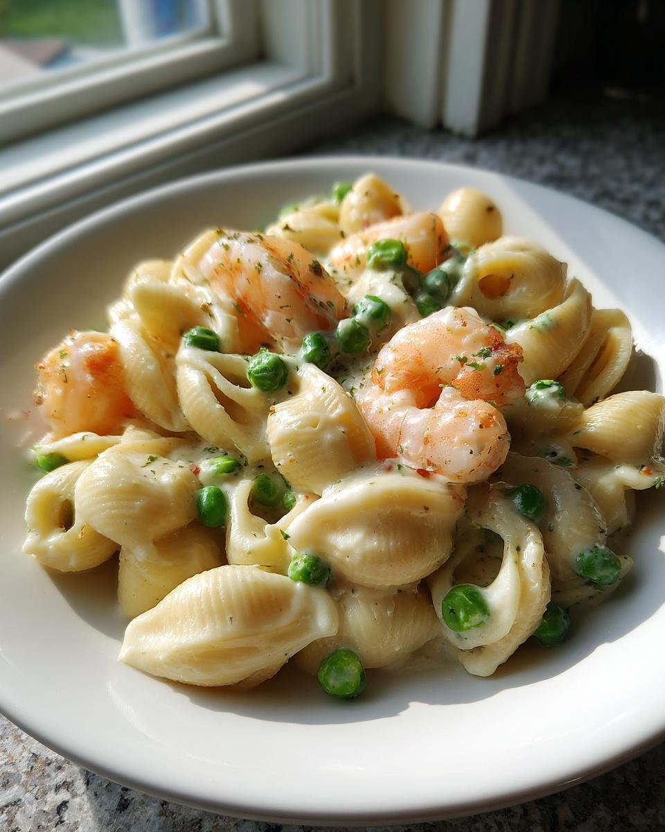 Nahaufnahme von White Cheddar Shells mit Garnelen und Erbsen in cremiger K&auml;sesauce.