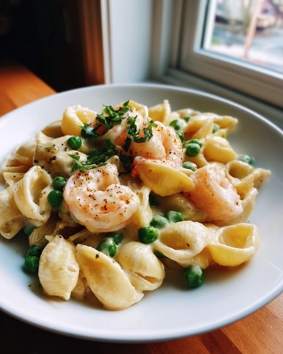 Nahaufnahme von White Cheddar Shells mit Garnelen und Erbsen in cremiger K&auml;sesauce, garniert mit Petersilie.