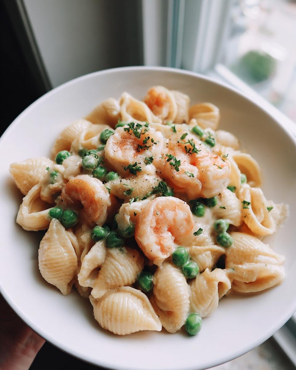 Nahaufnahme von White Cheddar Shells mit Garnelen und Erbsen in einer wei&szlig;en Sch&uuml;ssel, garniert mit Petersilie.