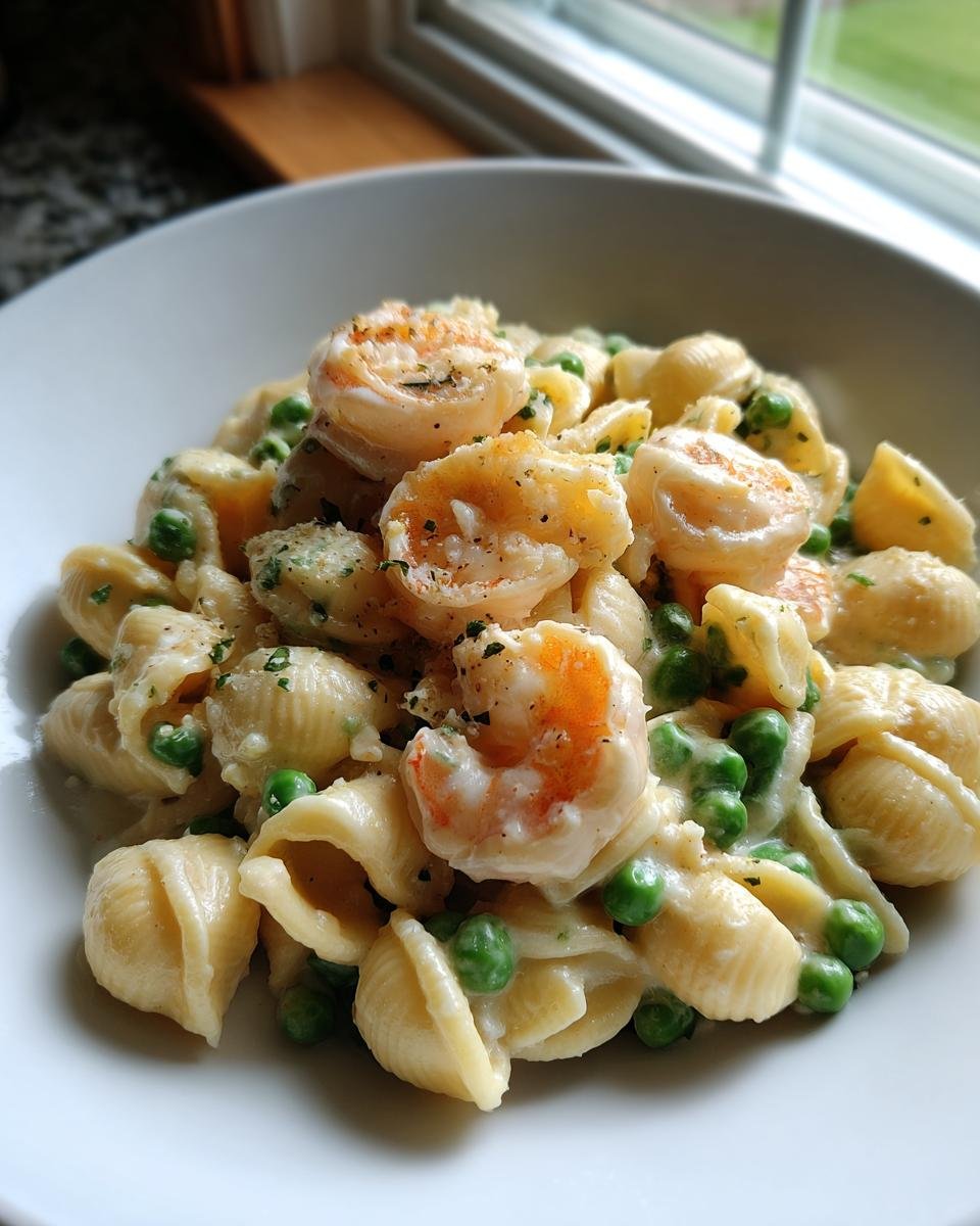 Nahaufnahme von White Cheddar Shells mit Garnelen und Erbsen in cremiger K&auml;sesauce, bestreut mit Kr&auml;utern.