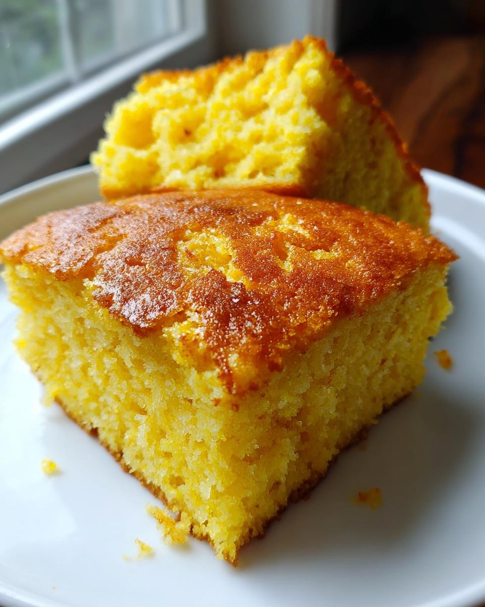 Zwei St&uuml;cke saftiges, gelbes White Lily Cornbread mit goldbrauner Kruste auf einem wei&szlig;en Teller.