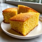 Drei goldgelbe St&uuml;cke White Lily Cornbread auf einem wei&szlig;en Teller, nahaufnahme.