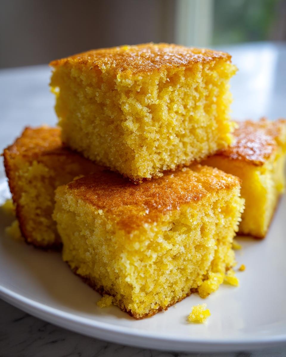 Nahaufnahme von gestapelten St&uuml;cken goldgelbem White Lily Cornbread auf einem wei&szlig;en Teller.