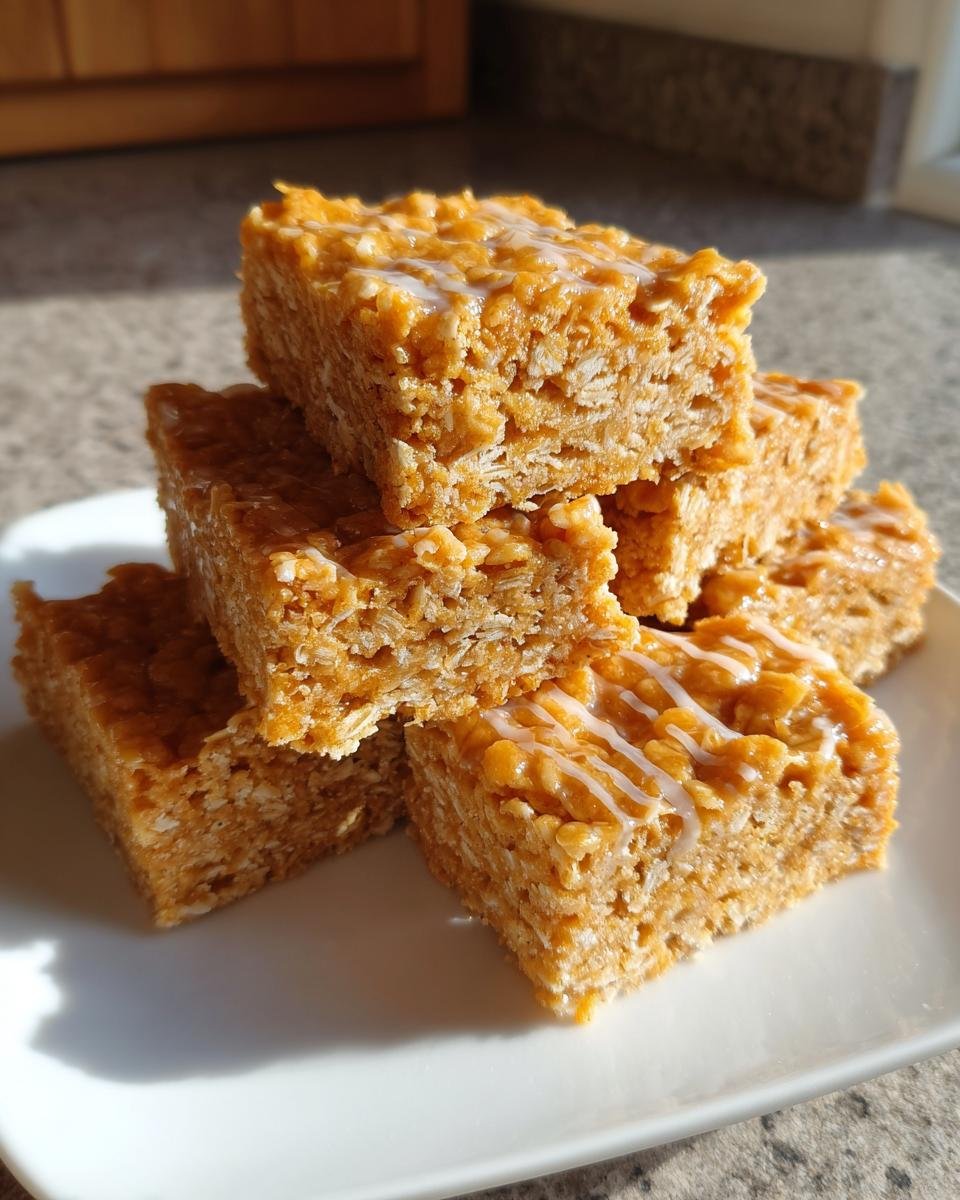 Stapel von z&auml;hen, goldbraunen Flapjack Riegeln, verziert mit einem wei&szlig;en Zuckerguss.