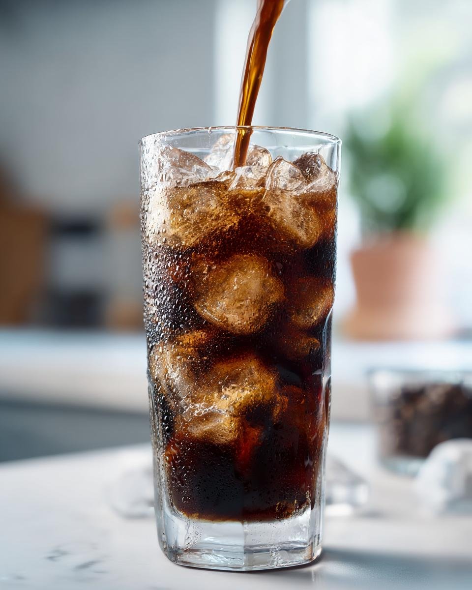 Dunkler Kaffee wird in ein hohes Glas voller Eisw&uuml;rfel gegossen, um einen Iced Americano zuzubereiten.