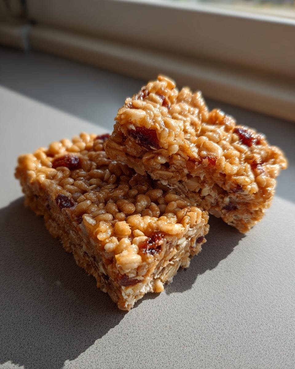 Zwei goldbraune, klebrige Cereal Bar Recipes St&uuml;cke mit Trockenfr&uuml;chten auf einer grauen Oberfl&auml;che im Gegenlicht.