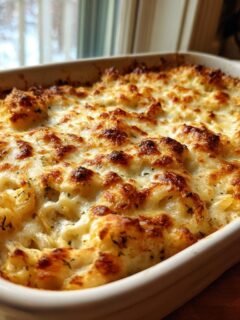 &Uuml;berbackener Auflauf mit goldbrauner K&auml;sekruste, dem 30 Minute French Onion Chicken Orzo Casserole.
