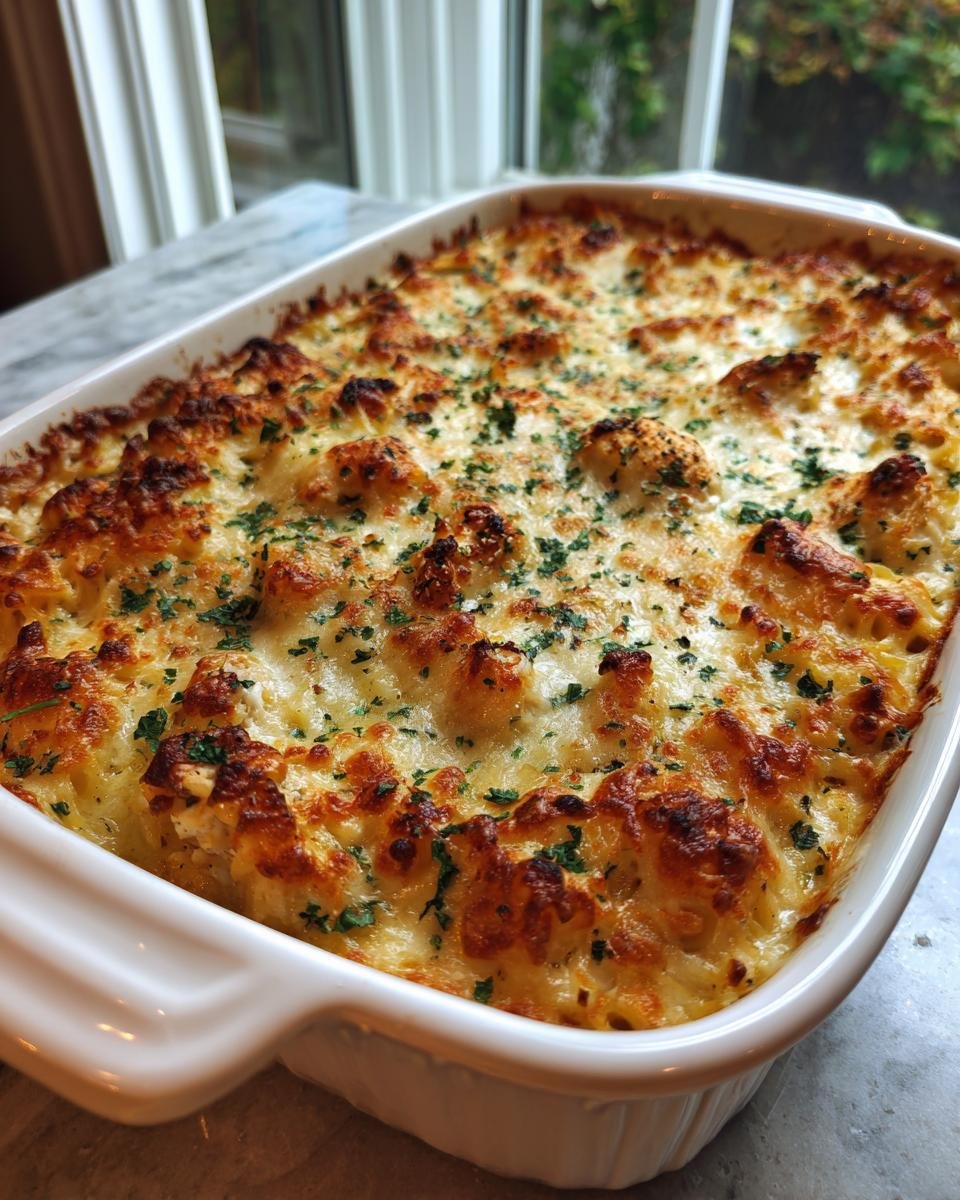 &Uuml;berbackener Auflauf mit goldbrauner K&auml;sekruste und Petersilie: 30 Minute French Onion Chicken Orzo Casserole.