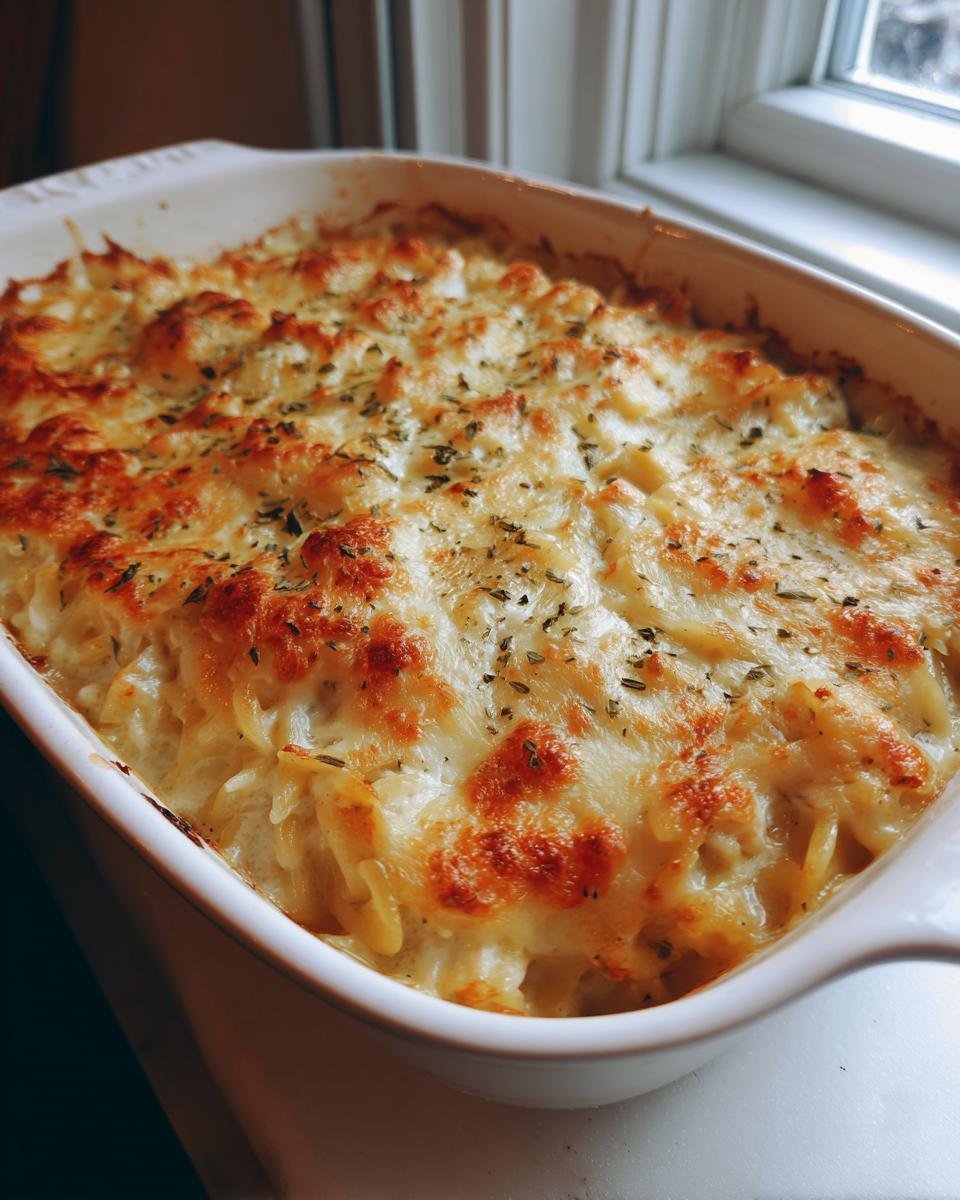 Nahaufnahme eines &uuml;berbackenen 30 Minute French Onion Chicken Orzo Casserole mit goldbraunem K&auml;se.