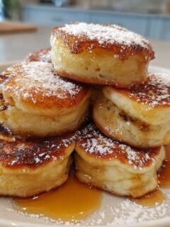 Ein Stapel fluffiger Banana Pancake Bites, bestäubt mit Puderzucker und übergossen mit Ahornsirup.