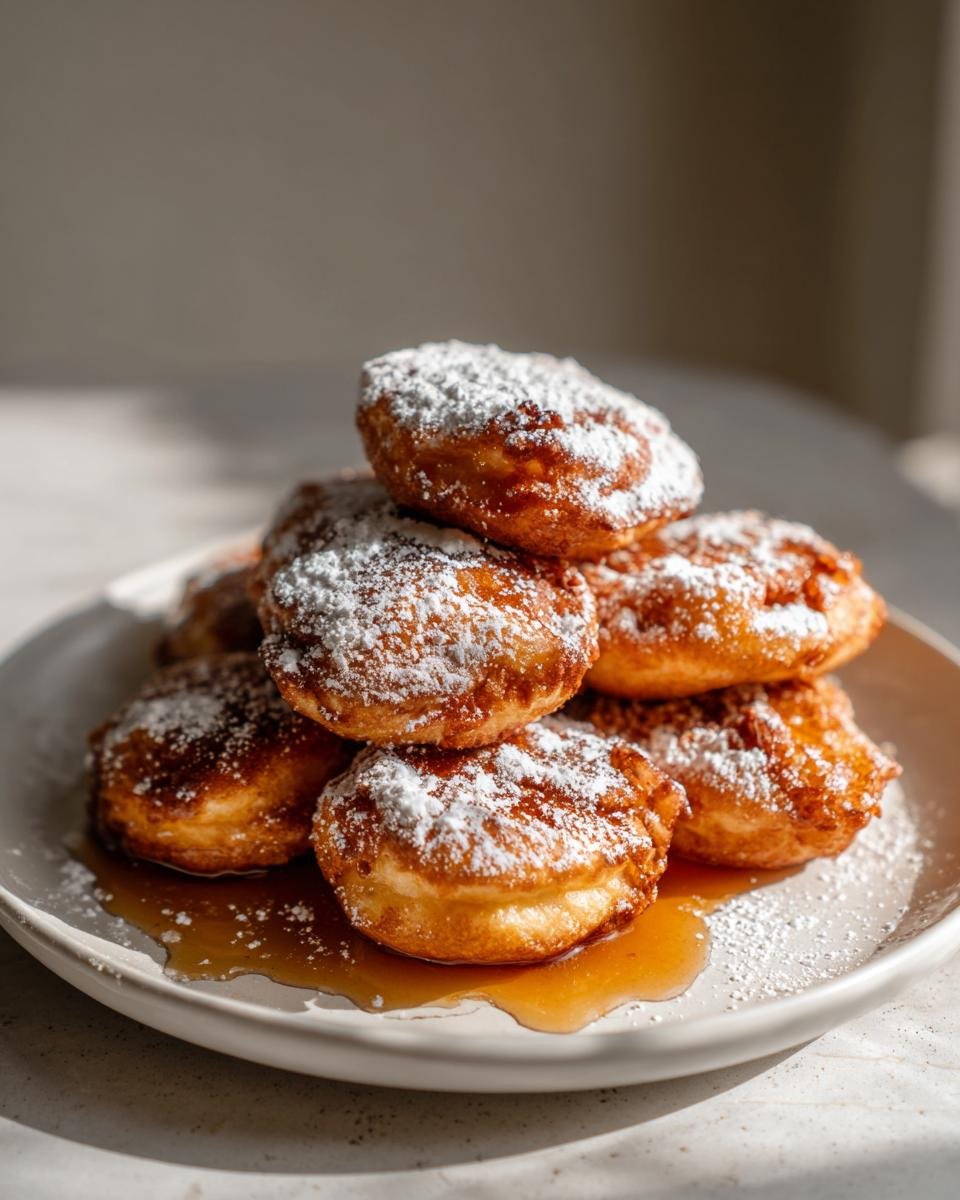 Ein Stapel goldbrauner Banana Pancake Bites, bestäubt mit Puderzucker und serviert mit Sirup auf einem Teller.