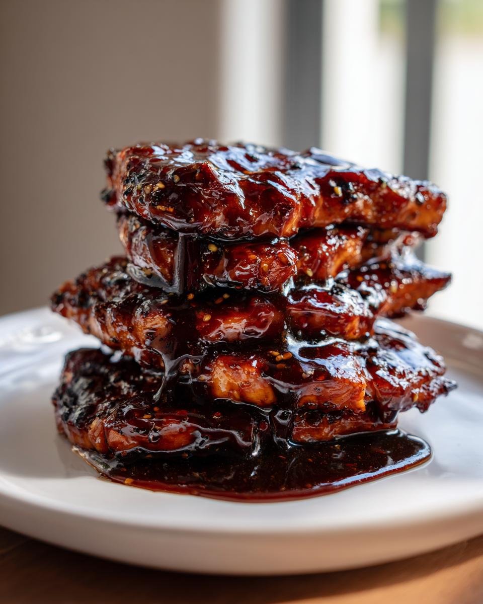 Ein Stapel von H&uuml;hnchenst&uuml;cken, &uuml;bergossen mit dicker, dunkler Huli Huli Glasur auf einem wei&szlig;en Teller.