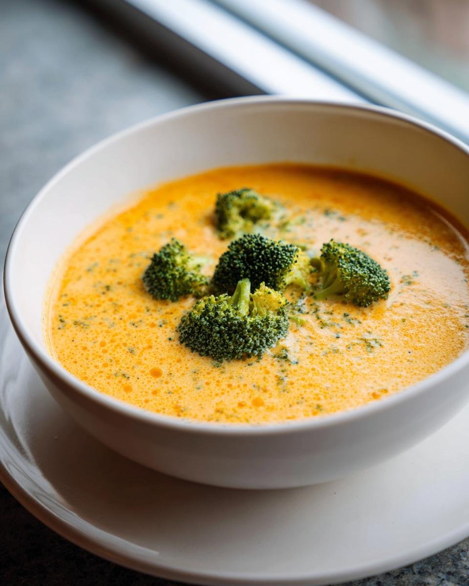 Nahaufnahme einer cremigen, orangefarbenen Broccoli Cheddar Soup mit frischen Brokkolir&ouml;schen als Garnitur.