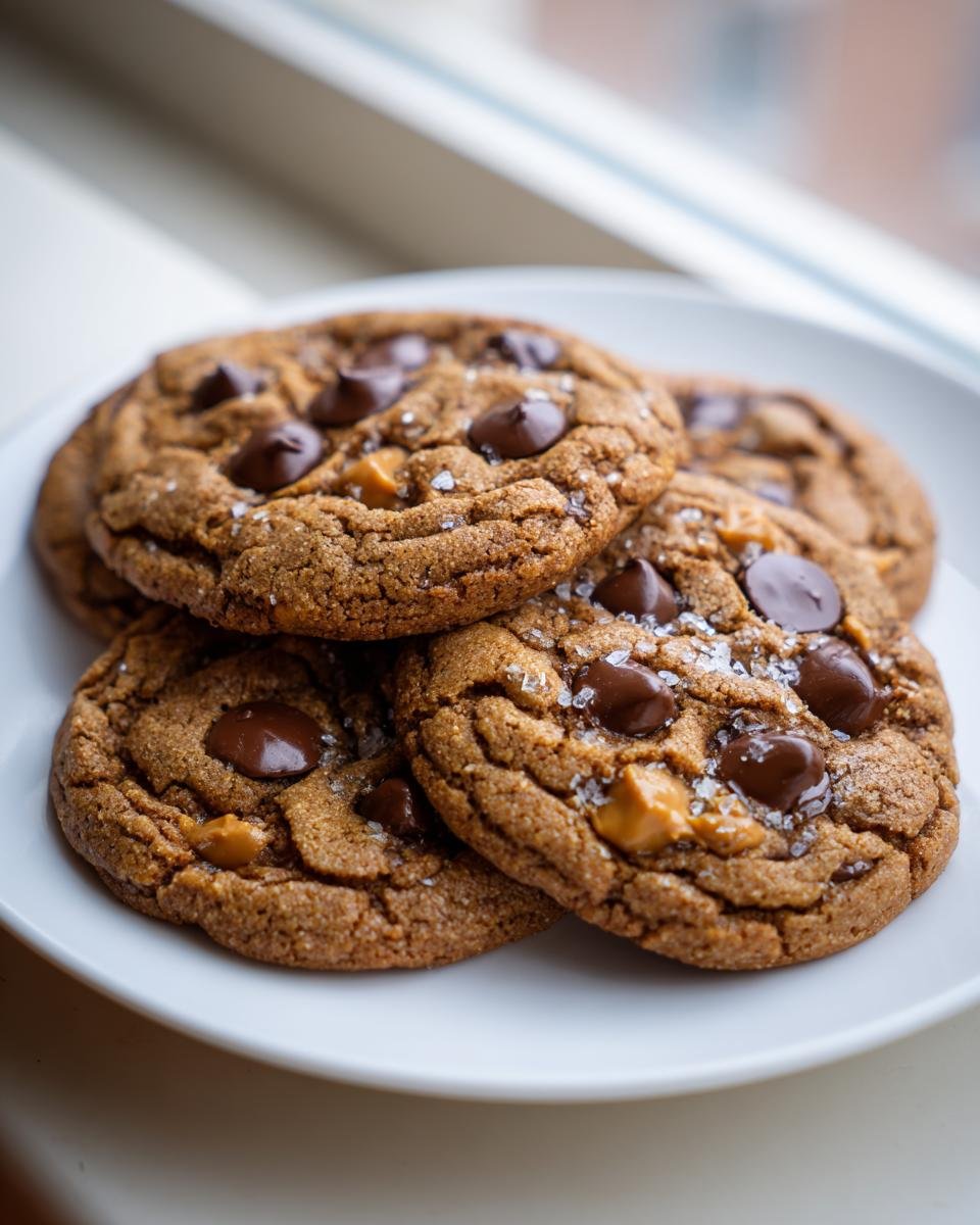 Stapel von weichen Butterscotch Chocolate Chip Cookies, bestreut mit Meersalz, auf einem wei&szlig;en Teller.