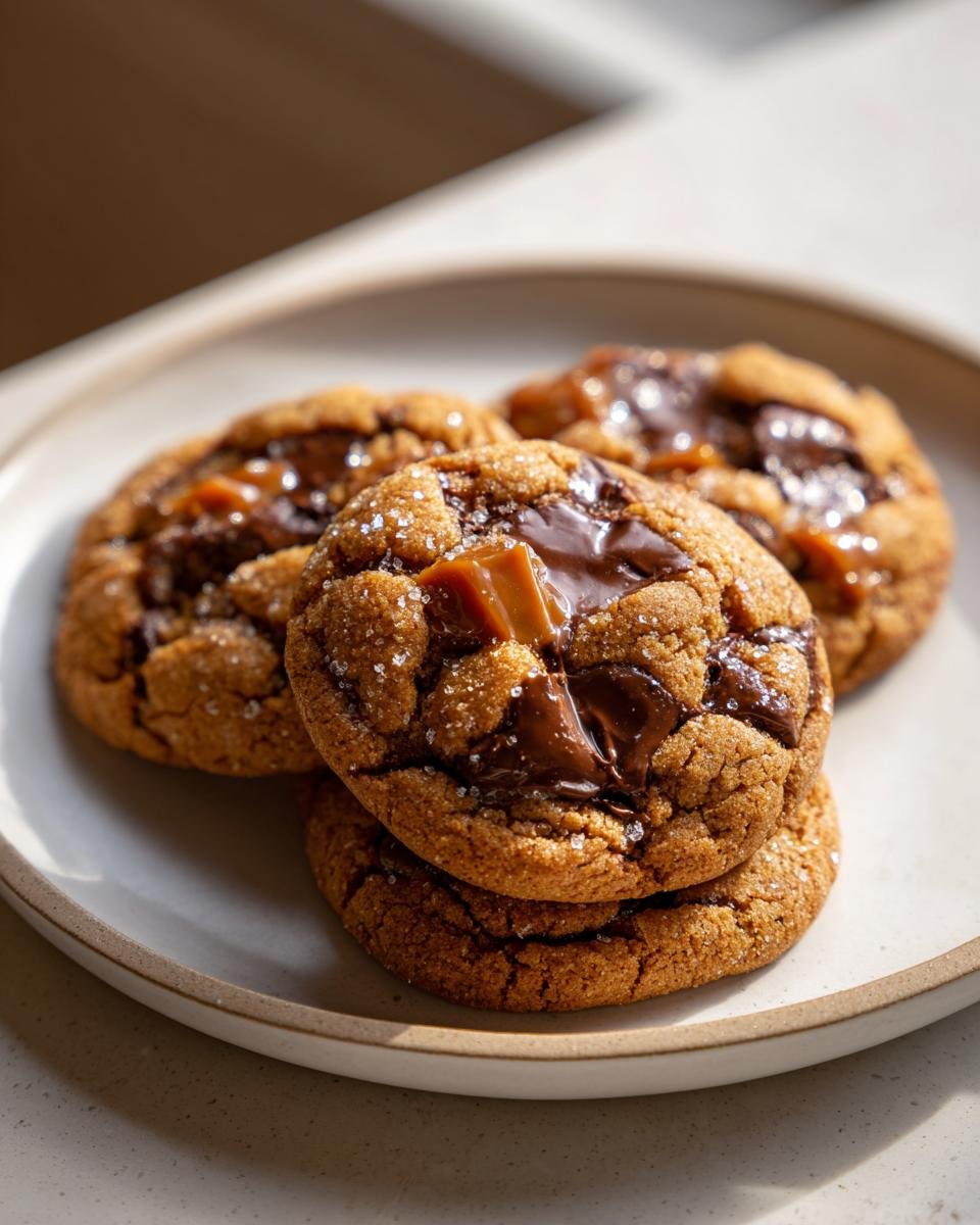 Nahaufnahme von vier weichen Butterscotch Chocolate Chip Cookies, bedeckt mit geschmolzener Schokolade und Butterscotch-St&uuml;cken.
