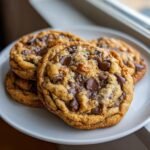 Nahaufnahme von drei saftigen Butterscotch Chocolate Chip Cookies, bestreut mit Meersalz.