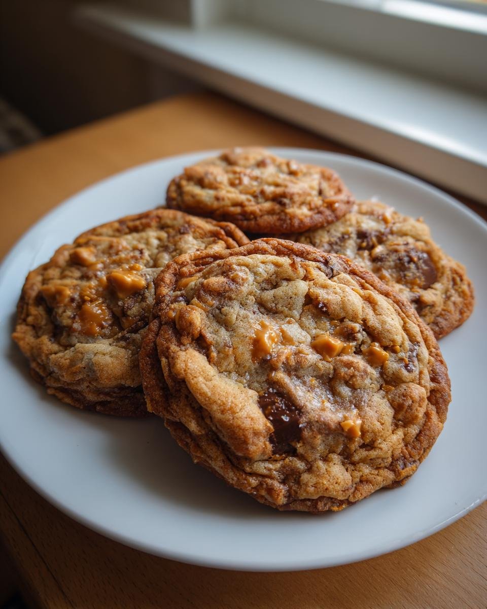 Nahaufnahme von vier saftigen Butterscotch Chocolate Chip Cookies auf einem wei&szlig;en Teller, bestreut mit Meersalz.