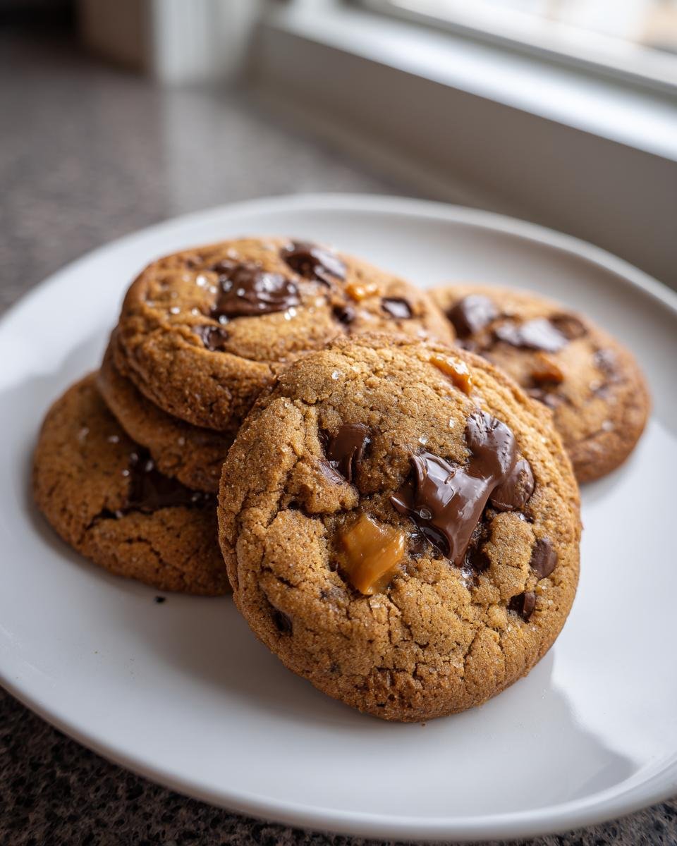 Nahaufnahme von vier saftigen Butterscotch Chocolate Chip Cookies mit geschmolzener Schokolade auf einem wei&szlig;en Teller.