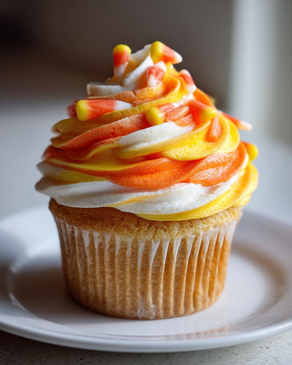 Ein einzelner Muffin mit dreifarbiger Creme (wei&szlig;, gelb, orange) und Candy Corn als Topping: Candy Corn Cupcakes.