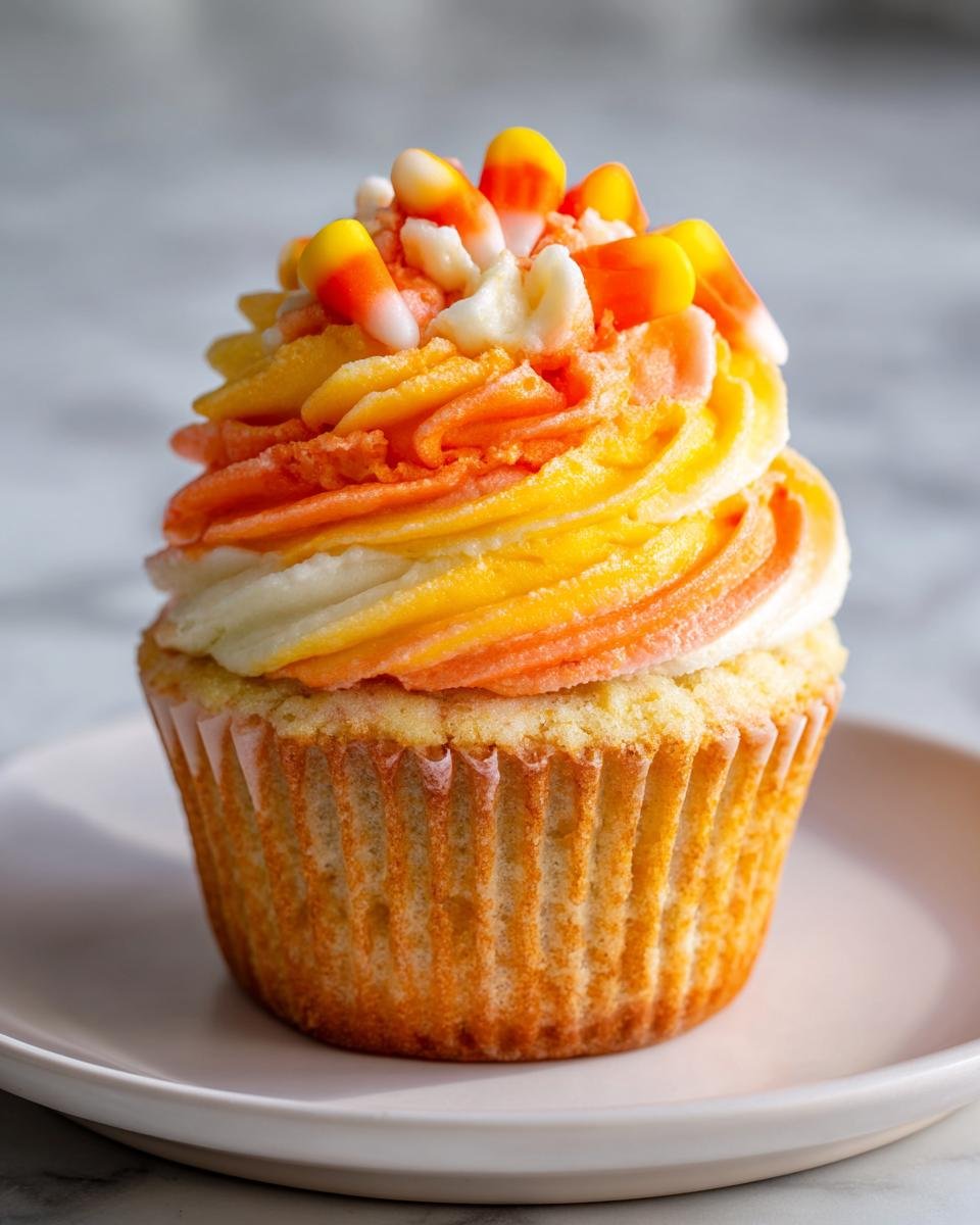 Nahaufnahme eines einzelnen Candy Corn Cupcakes mit dreifarbigem (wei&szlig;, orange, gelb) Frosting und echten Candy Corns als Topping.
