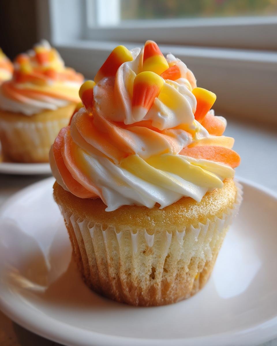 Nahaufnahme eines einzelnen Candy Corn Cupcakes mit dreifarbiger Creme und echten Candy Corns als Dekoration.