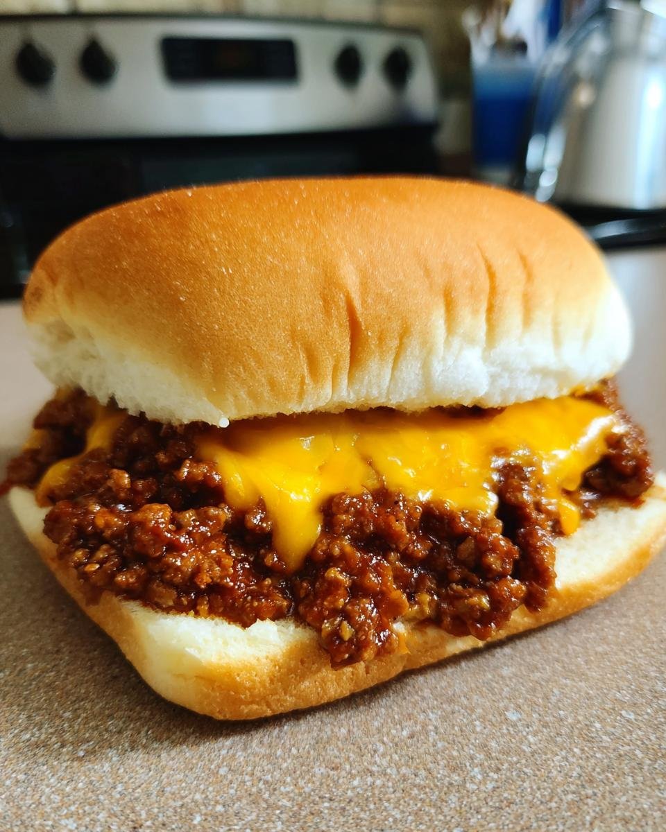 Nahaufnahme eines saftigen, überbackenen Hot Beef Sandwiches mit geschmolzenem Käse zwischen zwei Hälften eines Brötchens.