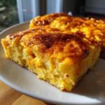 Ein gro&szlig;es St&uuml;ck Cheesy Potato Breakfast Casserole mit goldbraun gebackener K&auml;sekruste auf einem wei&szlig;en Teller.