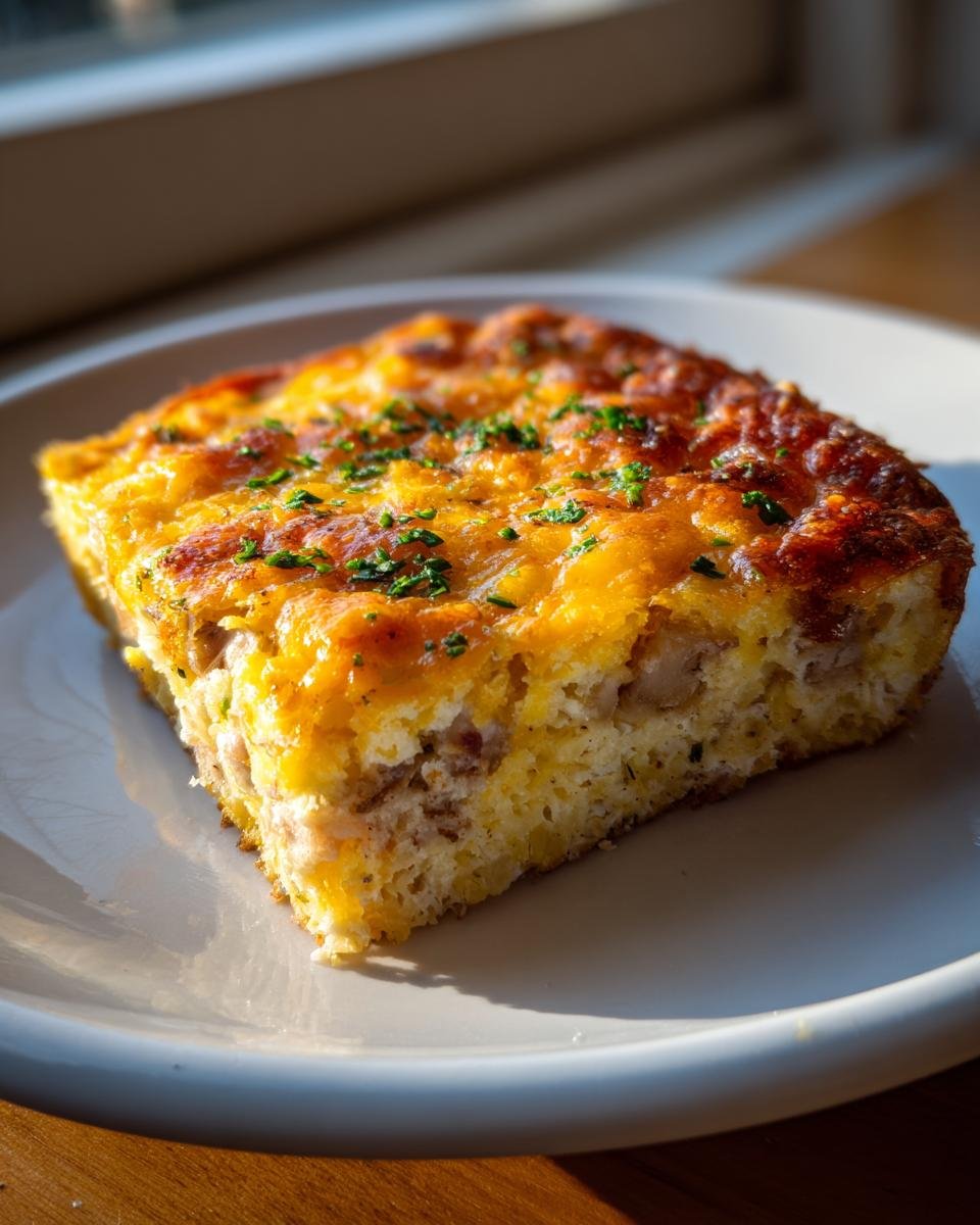 Ein Stück des Cheesy Potato Breakfast Casserole mit goldbrauner Käsekruste und Petersilie auf einem weißen Teller.