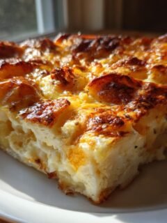 Ein goldbraun gebackenes St&uuml;ck Cheesy Potato Breakfast Casserole auf einem wei&szlig;en Teller.