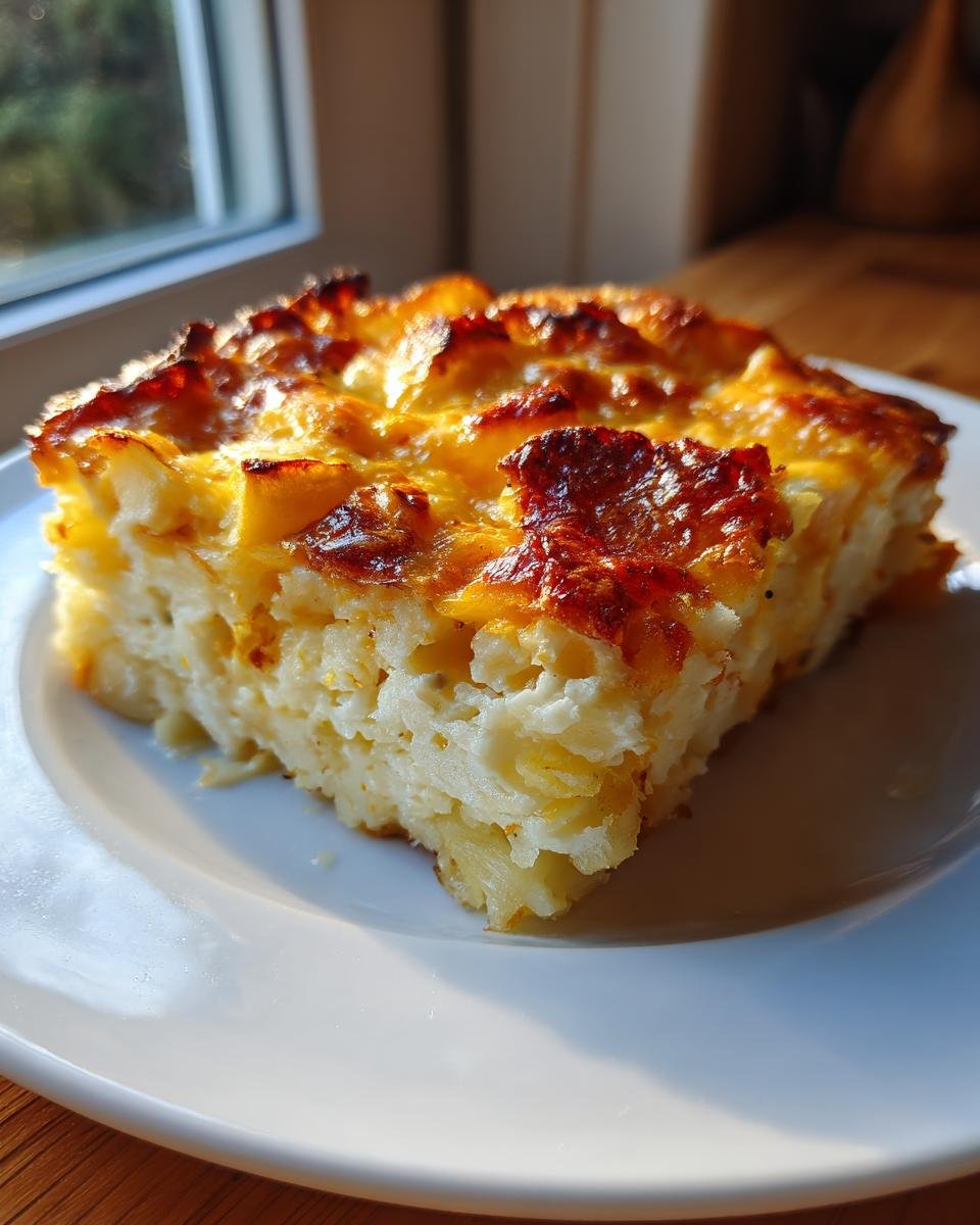 Ein Stück Cheesy Potato Breakfast Casserole mit goldbraun gebackener Käsekruste auf einem weißen Teller.