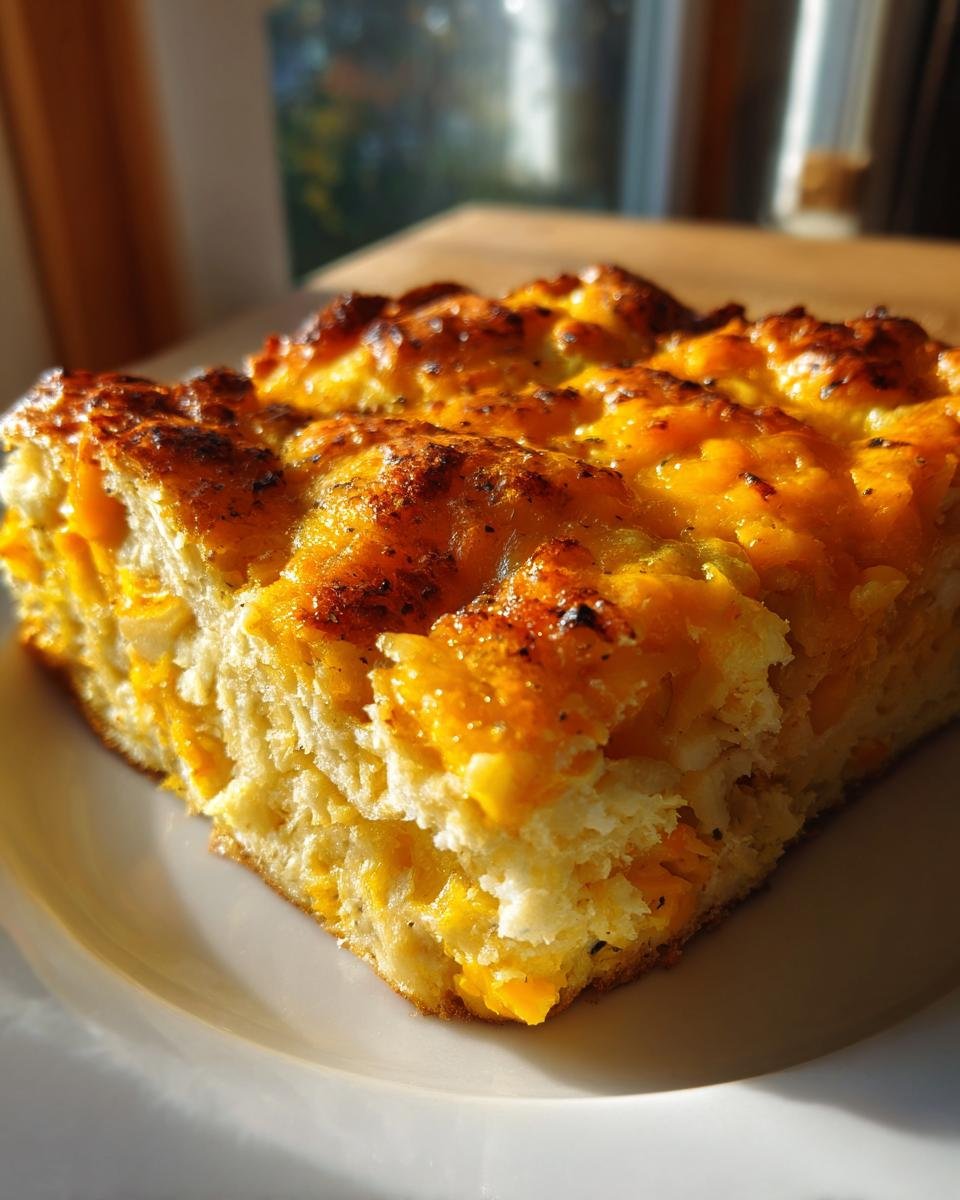 Nahaufnahme eines Stücks Cheesy Potato Breakfast Casserole mit goldbraun gebackener Käsekruste auf einem weißen Teller.
