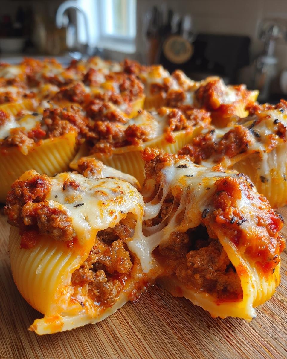 Nahaufnahme von Cheesy Taco Stuffed Shells mit geschmolzenem K&auml;se und Hackfleischf&uuml;llung.